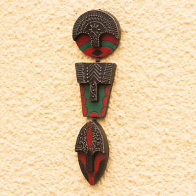 African wood mask, 'Trio of Faces' - African Wood and Aluminum Trio Mask from Ghana