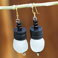 Recycled glass bead dangle earrings, 'Black Coffee and Milk' - Recycled Glass Beaded Dangle Earrings