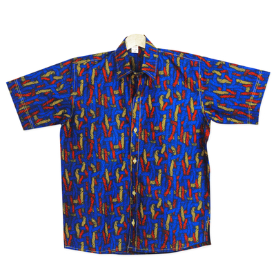 Yarn Motif Men's Printed Cotton Shirt from Ghana - Colorful Yarn