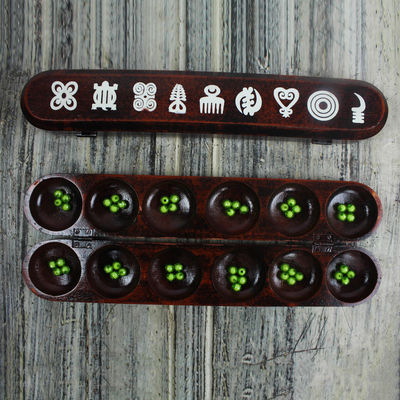 Wood oware table game, 'Our Adinkra' - West African Math Teaching Tool Oware or Mancala Board Game