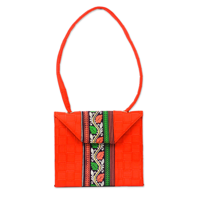 Cotton and faux leather shoulder bag, 'Geranium Vine' - Cotton and Faux Leather Shoulder Bag in Geranium from Ghana