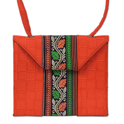 Cotton and faux leather shoulder bag, 'Geranium Vine' - Cotton and Faux Leather Shoulder Bag in Geranium from Ghana