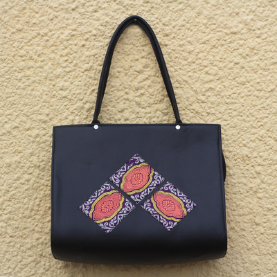 Cotton accented faux leather shoulder bag, 'Nhyira Squares' - Black Faux Leather Shoulder Bag from Ghana