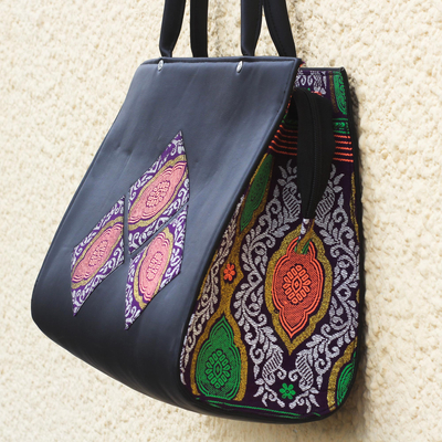 Cotton accented faux leather shoulder bag, 'Nhyira Squares' - Black Faux Leather Shoulder Bag from Ghana