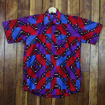 Camisa de algodón para hombre - Camisa de hombre en algodón con motivo geométrico de Ghana