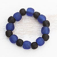 Recycled glass beaded stretch bracelet, 'Forever Grateful' - Blue and Black Recycled Glass Beaded Stretch Bracelet