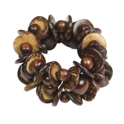 Wood beaded bracelet, 'Celebrate Nature' - Brown Sese Wood Double Strand Beaded Bracelet with Discs
