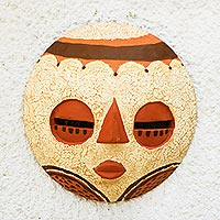 African wood mask, 'Beautiful Eyes' - Beige and Orange African Wood Mask Crafted in Ghana
