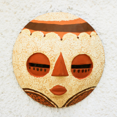 Máscara de madera africana - Máscara de madera africana beige y naranja elaborada en Ghana