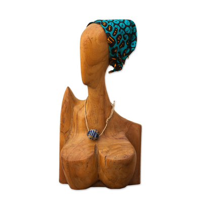 Teak wood sculpture, 'Head Scarf' - Abstract Teak Wood and Cotton Sculpture from Ghana