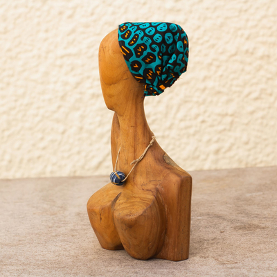 Teak wood sculpture, 'Head Scarf' - Abstract Teak Wood and Cotton Sculpture from Ghana