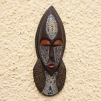 African wood mask, 'Thankful Face' - African Sese Wood and Aluminum Mask from Ghana