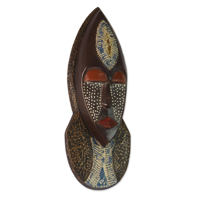 Máscara de madera africana - Máscara africana de madera y aluminio de Sese de Ghana