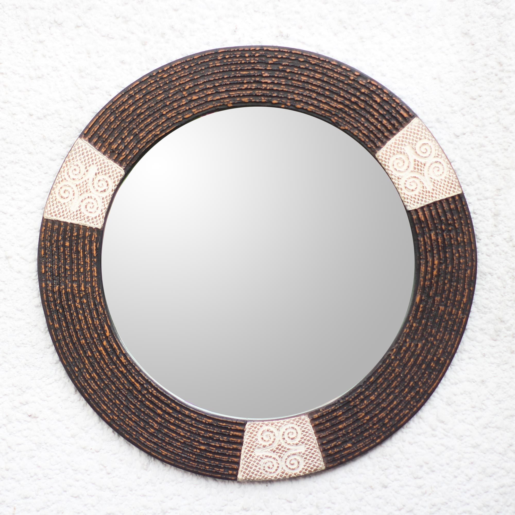 Dwennimmen AdinkraThemed Round Wood Wall Mirror from Ghana Round