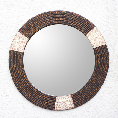 Wood wall mirror, 'Round Dwennimmen' - Dwennimmen Adinkra-Themed Round Wood Wall Mirror from Ghana
