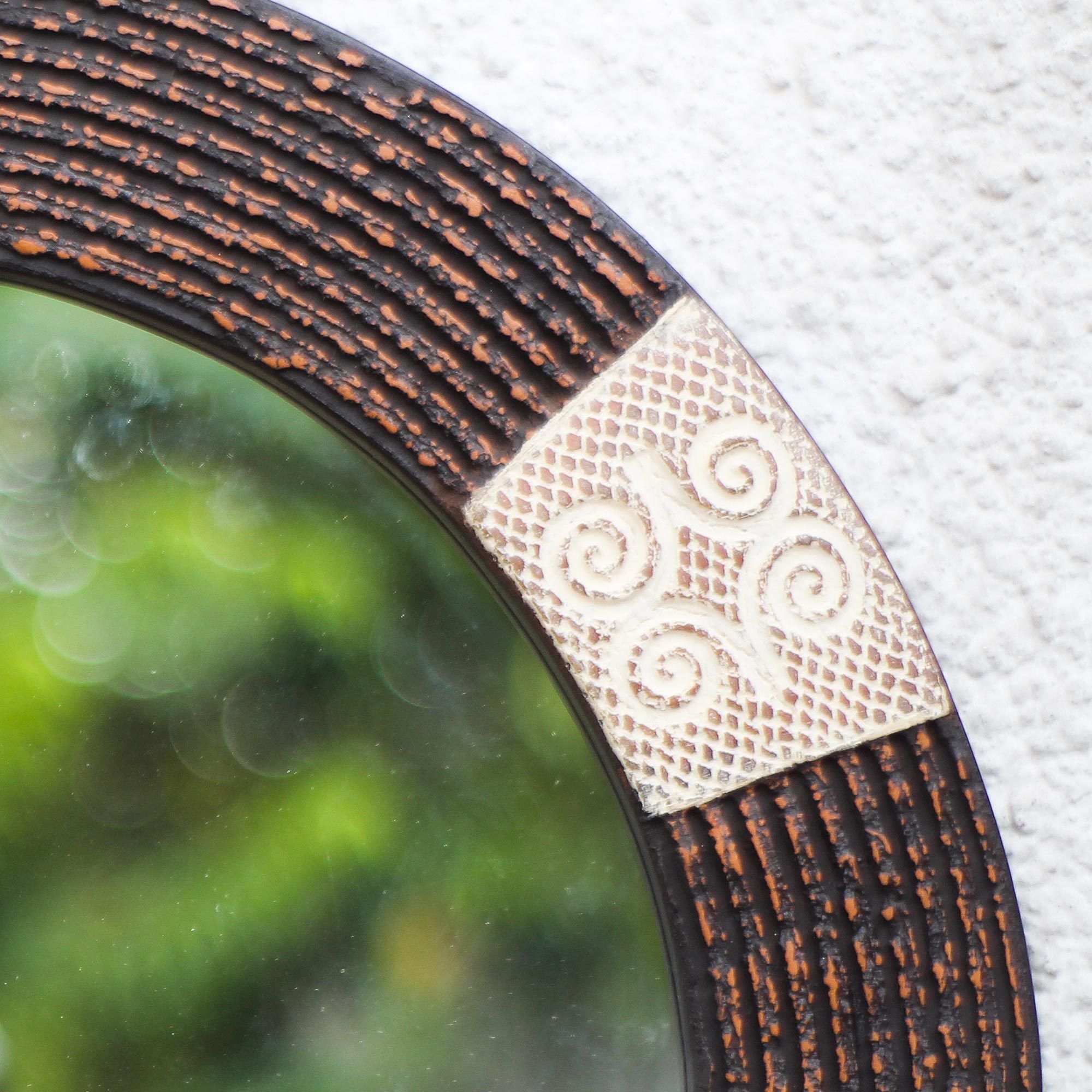 Dwennimmen AdinkraThemed Round Wood Wall Mirror from Ghana Round