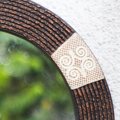 Wood wall mirror, 'Round Dwennimmen' - Dwennimmen Adinkra-Themed Round Wood Wall Mirror from Ghana