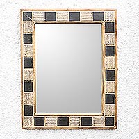 Wood and aluminum wall mirror, 'Textured Squares' - Square Pattern Wood and Aluminum Wall Mirror from Ghana
