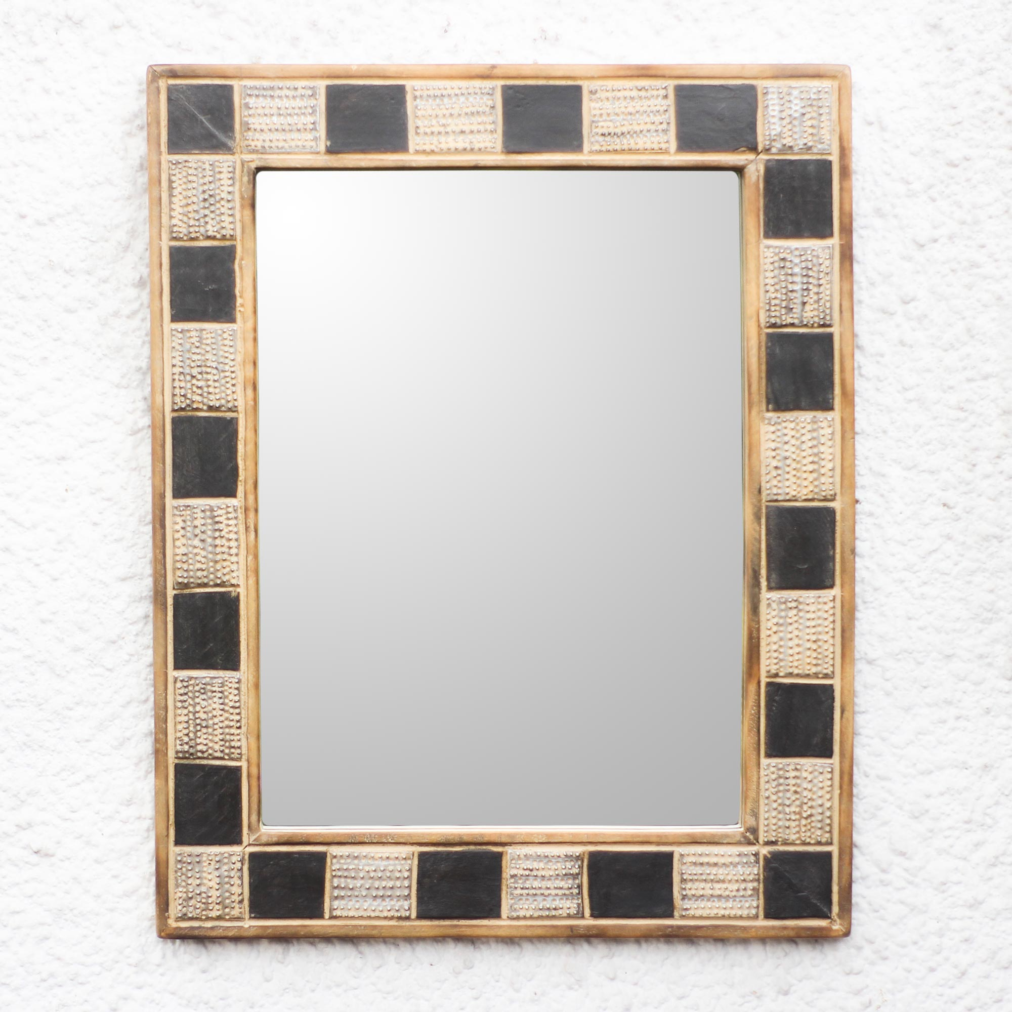 Square Pattern Wood and Aluminum Wall Mirror from Ghana, 'Textured Squares