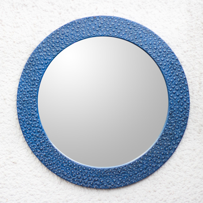 Aluminum and wood wall mirror, 'Embossed Blue' - Aluminum and Wood Wall Mirror in Blue from Ghana