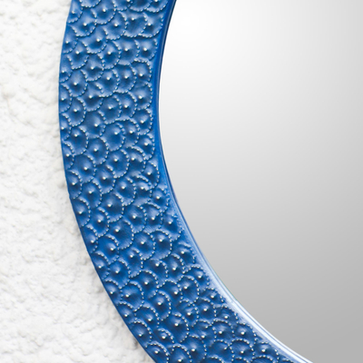 Aluminum and wood wall mirror, 'Embossed Blue' - Aluminum and Wood Wall Mirror in Blue from Ghana