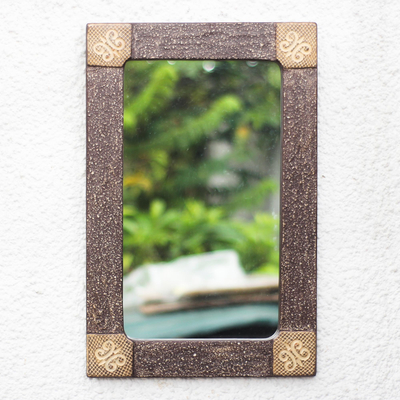 Wood wall mirror, 'Adinkra Hope' - Adinkra-Themed Rectangular Wood Wall Mirror from Ghana
