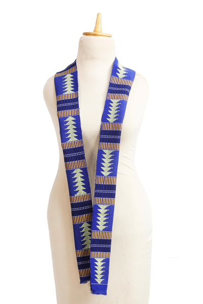 Cotton blend kente cloth scarf, 'Good Life' - Authentic Handwoven Blue Cotton Kente Cloth Scarf
