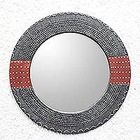 Wood and aluminum wall mirror, 'Ahoufe Dots' - Dotted Wood and Aluminum Round Wall Mirror from Ghana