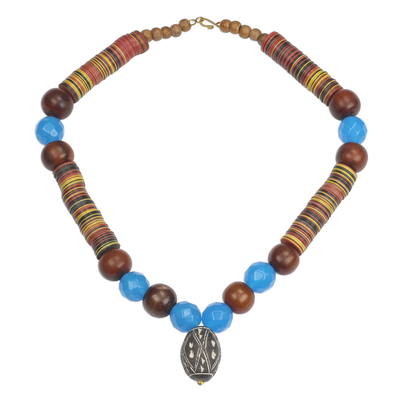 Agate and ceramic beaded pendant necklace, 'Gye Nyame Blue' - Eco-Friendly Agate and Ceramic Beaded Pendant Necklace