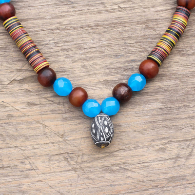 Agate and ceramic beaded pendant necklace, 'Gye Nyame Blue' - Eco-Friendly Agate and Ceramic Beaded Pendant Necklace