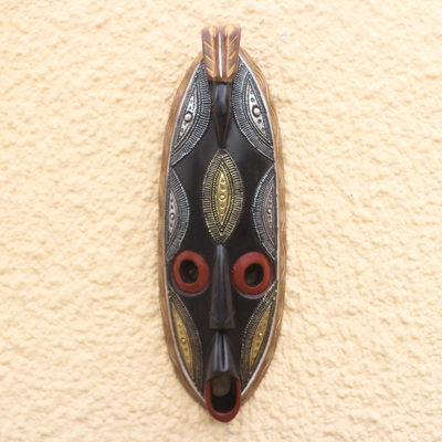Máscara de madera africana - Máscara de madera africana acentuada con aluminio y latón