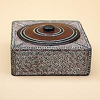 Wood decorative box, 'Treasure' - Square Wood and Aluminum Decorative Box from Ghana