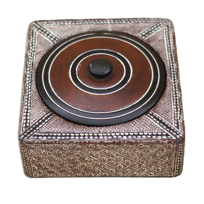 Wood decorative box, 'Treasure' - Square Wood and Aluminum Decorative Box from Ghana