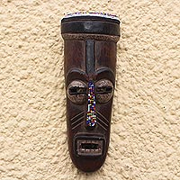 Recycled glass beaded African wood mask, 'Urhobo Festival' - Recycled Glass Beaded African Wood Mask from Ghana