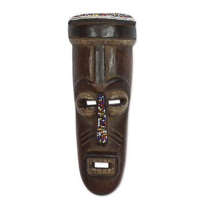 Recycled Glass Beaded African Wood Mask from Ghana