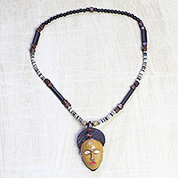Wood and recycled glass beaded pendant necklace, 'Baule Visage' - Baule Mask Wood and Glass Beaded Pendant Necklace from Ghana