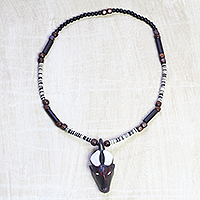 Wood and recycled glass beaded pendant necklace, 'Precious Goat' - Wood and Glass Beaded Goat Pendant Necklace from Ghana