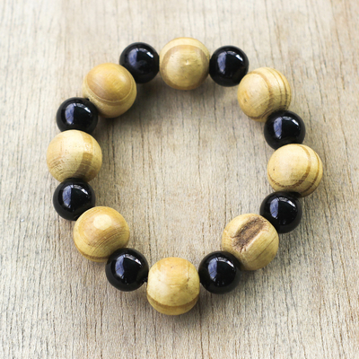 Recycled glass and wood beaded stretch bracelet, Cultured