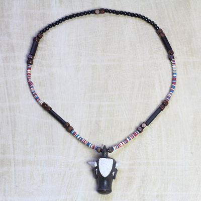 Wood and recycled glass beaded pendant necklace, 'Great Buffalo' - Wood and Glass Beaded Buffalo Pendant Necklace from Ghana