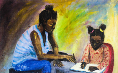 'Großer Helfer - Signierte impressionistische Mutter-Kind-Malerei aus Nigeria