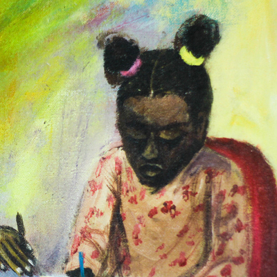'Großer Helfer - Signierte impressionistische Mutter-Kind-Malerei aus Nigeria