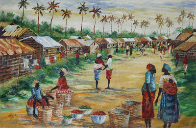 Impressionist Village Market Scene Painting from Ghana