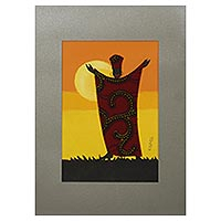 'Rejoice II' - Pintura firmada de un hombre africano con ropa de algodón rojo