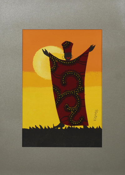 'Rejoice II' - Signed Painting of an African Man in Red Cotton Clothing