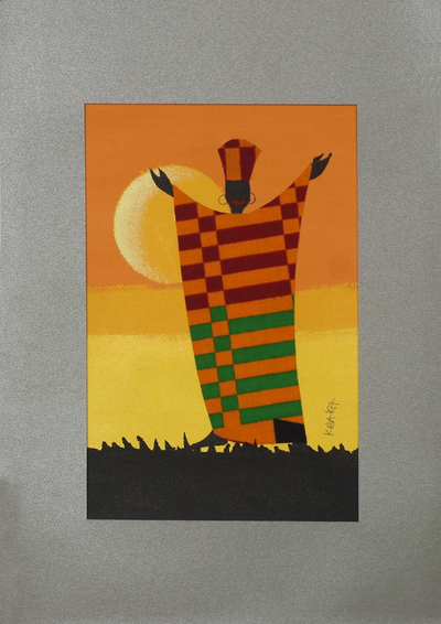 „Freue mich“ – Gemälde eines afrikanischen Mannes in bunter Baumwollkleidung