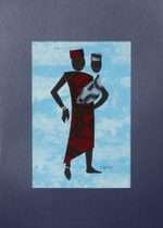 'Father's Pride I' - Father and Child Painting with Red and Blue Cotton Accents