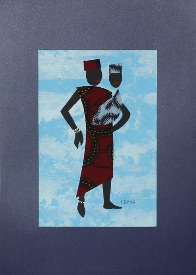 'Father's Pride I' - Father and Child Painting with Red and Blue Cotton Accents