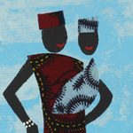 'Father's Pride I' - Father and Child Painting with Red and Blue Cotton Accents