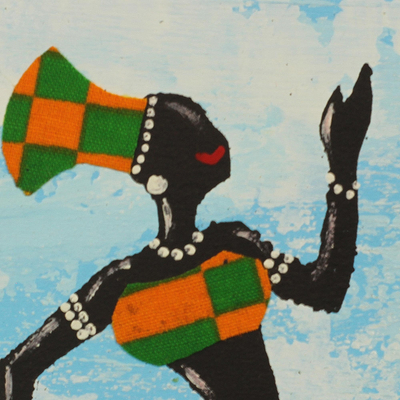 'Kpanlogo Dance I' - Painting of a Dancing Woman in a Colorful Cotton Dress