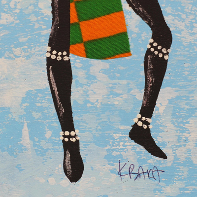 'Kpanlogo Dance I' - Painting of a Dancing Woman in a Colorful Cotton Dress